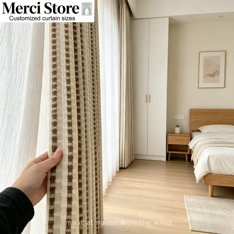 Home Fragrance French - French Retro Brown Striped Curtains Light